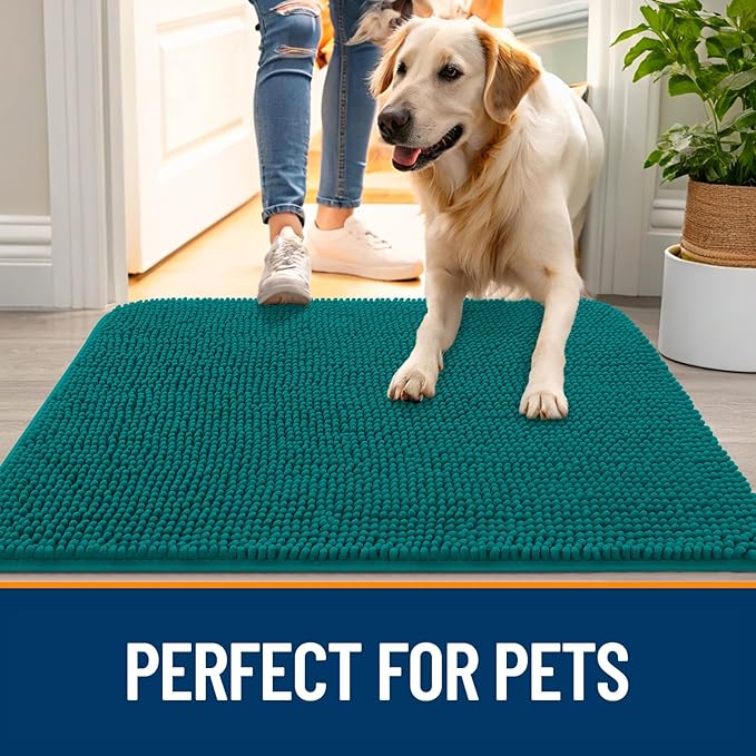 OLANLY Dog Door Mat for Muddy Paws 70x32, Absorbs Moisture and Dirt, Absorbent Non-Slip Washable Doormat, Quick Dry Chenille Mud Mat for Dogs, Entry Indoor Entryway Carpet for Inside Floor, Lake Blue