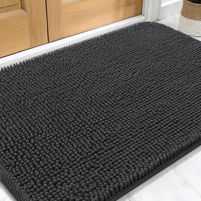 OLANLY Dog Door Mat for Muddy Paws 34x21, Absorbs Moisture and Dirt, Absorbent Non-Slip Washable Doormat, Quick Dry Chenille Mud Mat for Dogs, Entry Indoor Entryway Carpet for Inside Floor, Dark Grey