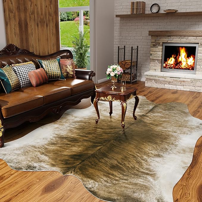 AROGAN Western Decor Faux Fur Cowhide Rug, 4 x 3 Feet Premium Animal Skin Cow Hide Rug, Sturdy Cow Print Rugs for Wall Decor, Western Floor Carpet for Bedroom Living Room, Brownish