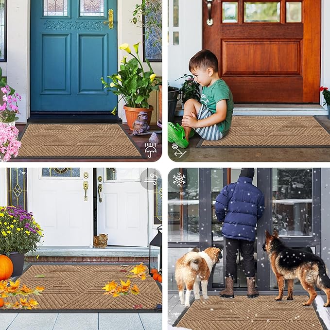 Smiry Front Door Mat Outside Entrance, Heavy Duty Sturdy Natural Rubber Doormat, Trap Dirt and Moisture, Easy Clean Low Profile Mats for Indoor Outdoor Entry, Irregular Triangle (29.5x17, Coffee)