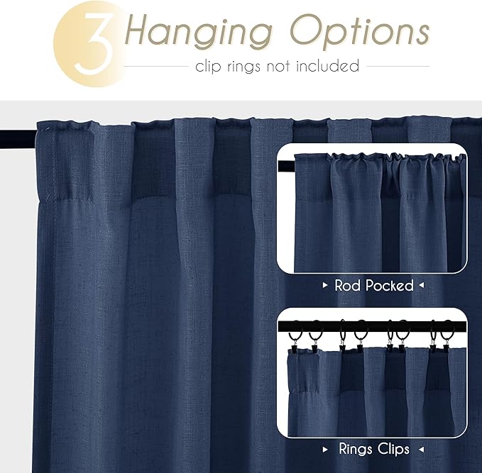 Navy Blue Curtains 84 inch Length for Bedroom Back Tab Light Filtering Semi Sheer Blue Living Room Curtains Linen Polyester Indigo Blue Drapery Panel Modern Farmhouse Aesthetic Decor Dark Blue