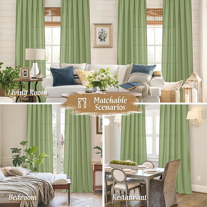 LAMIT Sage Green Linen Curtains 63 inch Length for Bedroom, Faux Linen Light Filtering Window Treatments Neutral Rod Pocket Drapes for Living Room/Farmhouse, 2 Panels Set, 52 x 63 Inch
