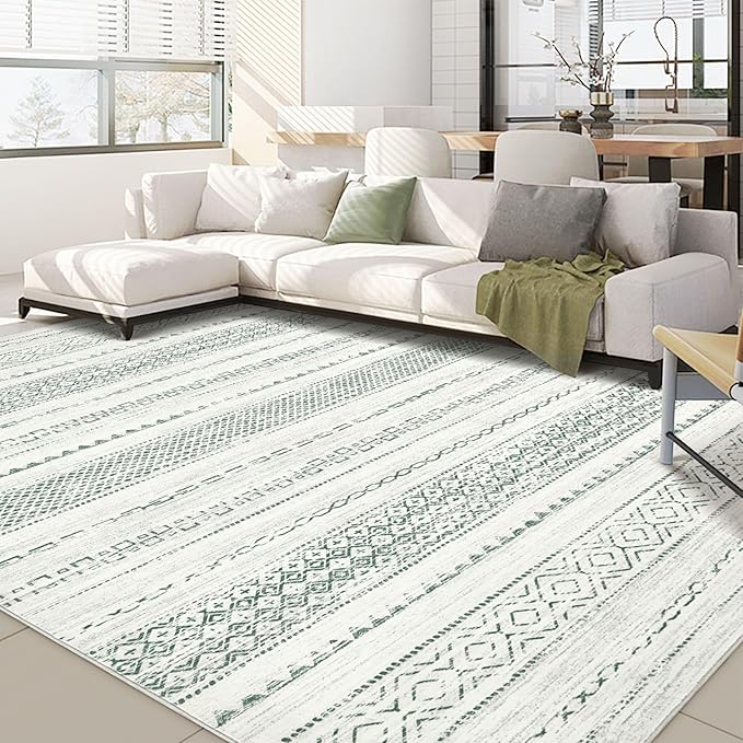 Nakagishi Green Rug Living Room Rugs: 8x10 Washable Boho Large Neutral Soft Farmhouse Stain Resistant Modern Non Slip Indoor Floor Carpet for Bedroom Nursery Kids Playroom Office Dining Room Home