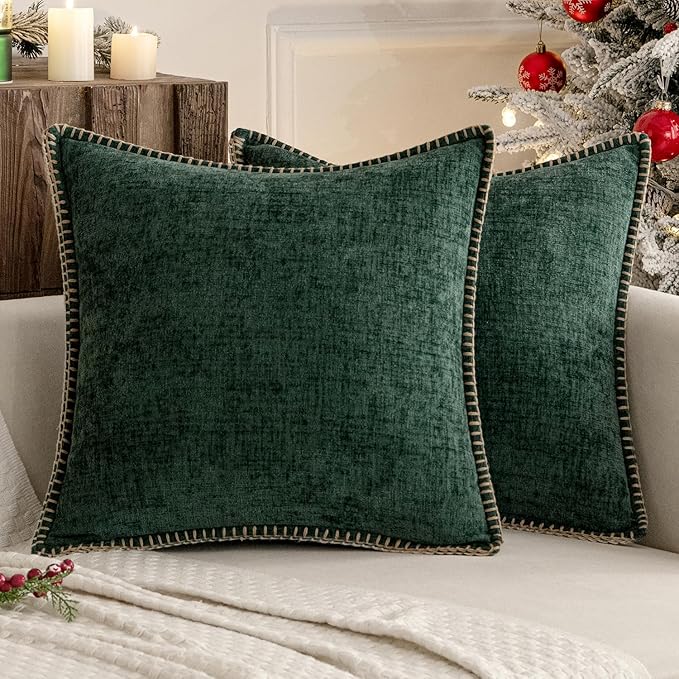 MIULEE Pack of 2 Christmas Pillow Covers 20x20 Inch Dark Green Farmhouse Decorative Throw Pillow Covers with Stitched Edge Soft Chenille Solid Dyed Couch Pillow Covers for Sofa Bed Living Room