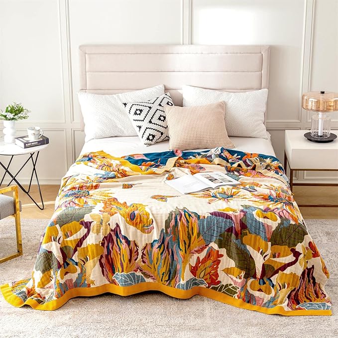 MSGKV Boho Throw Blanket 60''x80'',100% Cotton Blanket for Couch Bed, Spring Breathable Quilt Farmhouse Home Decor Soft Lightweight Picnic Blankets