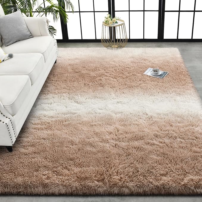 TWINNIS Super Soft Shaggy Rugs Fluffy Carpets, 8x10 Feet, Indoor Modern Plush Area Rugs for Living Room Bedroom Kids Room Nursery Home Decor, Upgrade Anti-Skid Rectangular Fuzzy Rug, Tan White