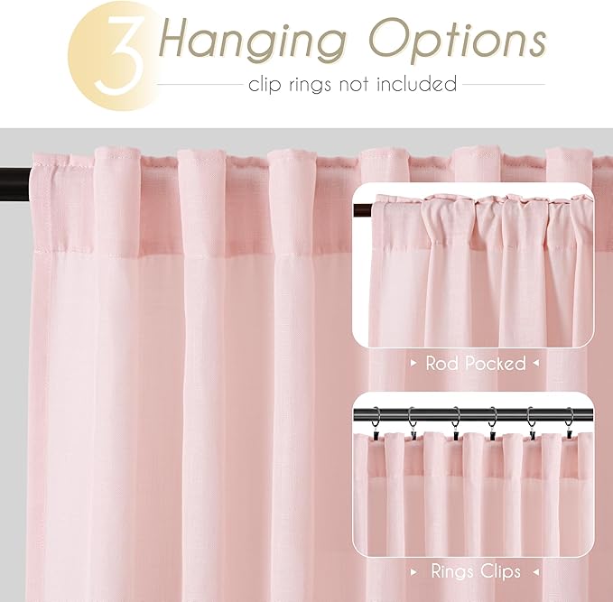Pink Linen Curtains 90 Inch Long Back Tab Rod Pocket Window Treatment Curtain Panels for Girls Bedroom Semi Sheer Light Filtering Farmhouse Rustic Boho Elegant Drapes 52 x 90 Inch