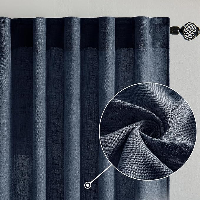 MIULEE Navy Blue Linen Curtains 54 Inch Length 2 Panels for Bedroom Living Room, Soft Thick Linen Textured Natural Short Window Drapes Semi Sheer Light Filtering Back Tab Rod Pocket Burlap Look Decor