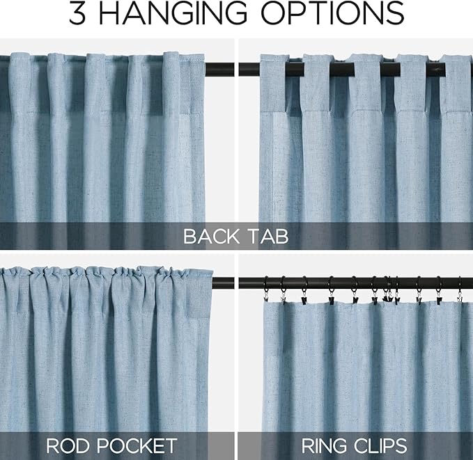 Blue Linen Textured 96 Inch Curtains 2 Panel Set Back Tab Rod Pocket Sheer Pleated Boho Room Decor Aesthetic Curtains Dusty Blue Burlap Look Curtain Drapes for Living Room Bedroom 8Ft 40x96 Inch