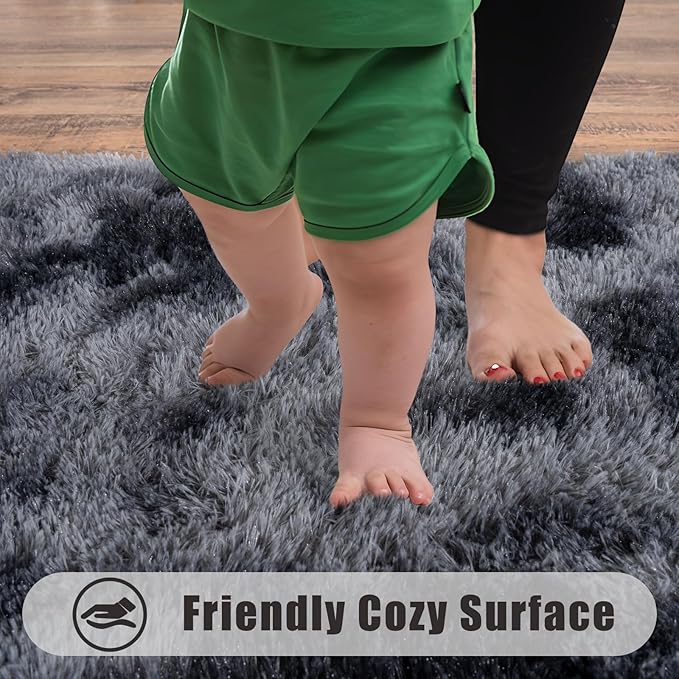 Ultra Soft Runner Rugs for Bedroom Hallways with Upgraded Non-Slip Rubber Backing & Thick Memory Sponge, 2x4 Feet Fluffy Shag Throw Area Rug for Bedside Dorm Tie-dye Dark Grey