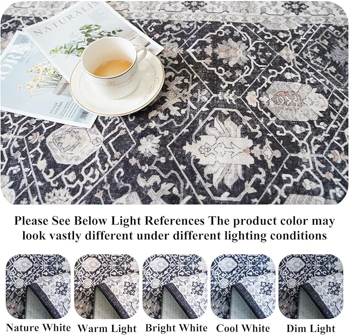 4x6 Living Room Area Rugs: Washable Non-Slip Boho Decorative Rugs for Bedroom Nursery Low Pile Neutral Small Carpet for Kitchen Dining Room Non-Shedding Floor Mat for Kids Room Office (4x6，Black)