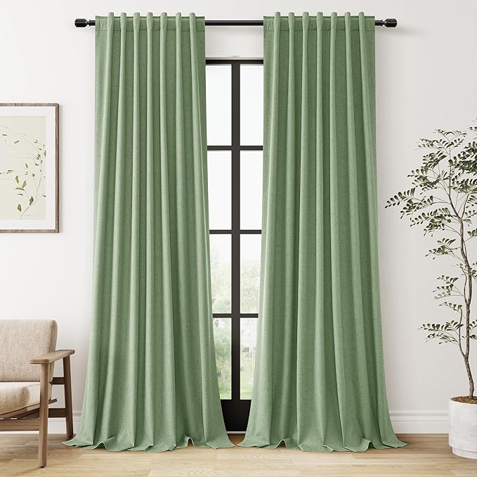 Guken 100% Blackout Linen Curtains 102 Inch Length 2 Panels Set for Living Room Bedroom Back Tab Thermal Insulated Black Out Linen Drapes Room Darkening Window Curtains,Light Sage