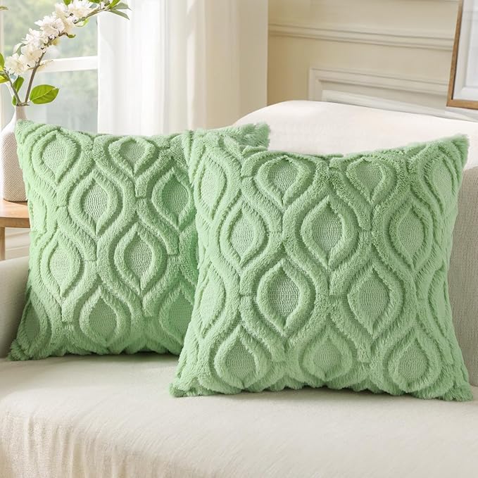 decorUhome Summer Throw Pillow Covers 16x16 Inch Set of 2, Soft Plush Faux Wool Light Sage Green Solid Couch Pillow Covers, Accent Farmhouse Neutral Square Pillow Cases for Sofa Bed Living Room