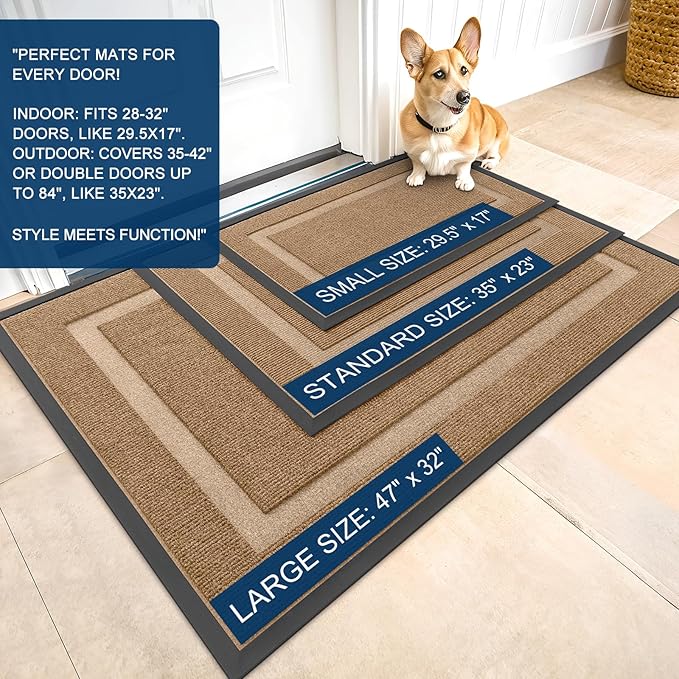 OLANLY Front Door Mat Indoor Outdoor Entrance, Waterproof All-Season, All-Weather Doormat, Sturdy Natural Rubber, Fade Resistant, Low Profile, Easy Clean Patio Porch Entryway Mat, 59x35, Light Brown