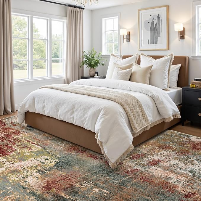 Washable Area Rugs 5'x7' Non-Slip Modern Abstract Soft for Living Room Entryway Bedroom Nursery, Print Pattern, Brown Rust Red Green Blue Multi