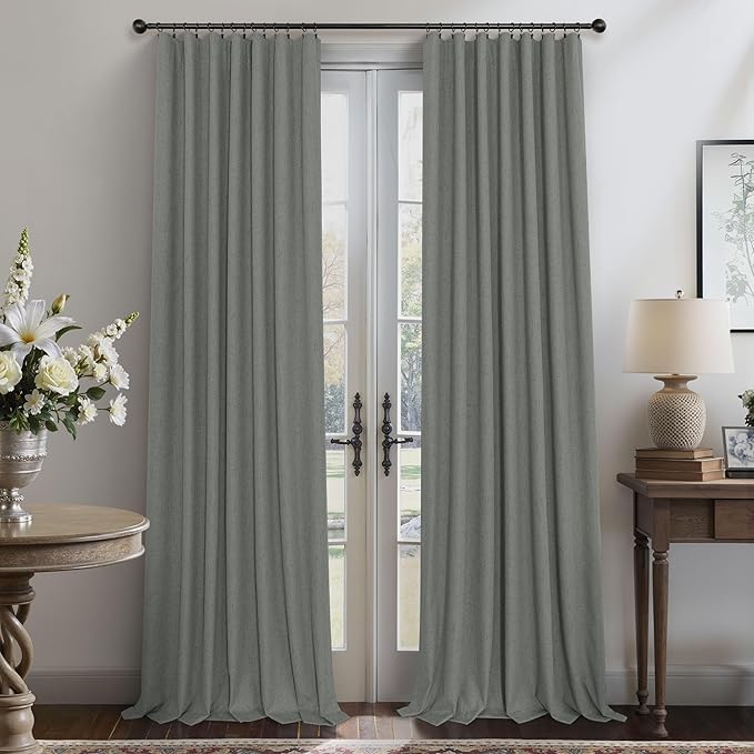 Gray Black Out Curtains 72 Inch Long for Bedroom 2 Panels Set Back Tab Pleated Neutral Boho Linen Textured Dark Grey Room Darkening Saving Energy Efficient Sound Deadening Drapes for Doorway 72 Length