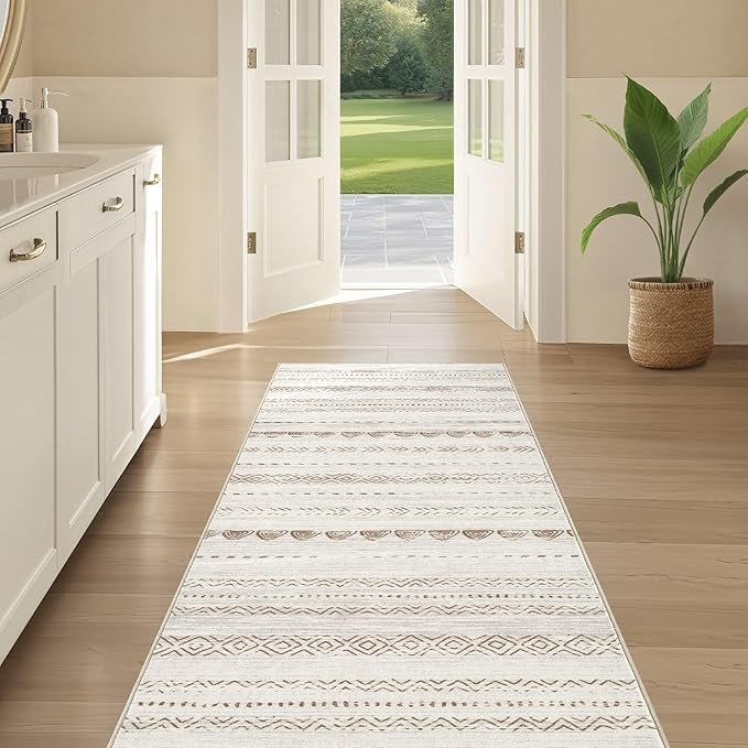 Nakagishi Runner Rug Kitchen Washable Rugs: 3x8 Non-Slip Boho Soft Modern Stain Resistant Indoor Floor Neutral Farmhouse Throw Carpet for Hallway Bathroom Laundry Room Entryway Bedroom- Brown