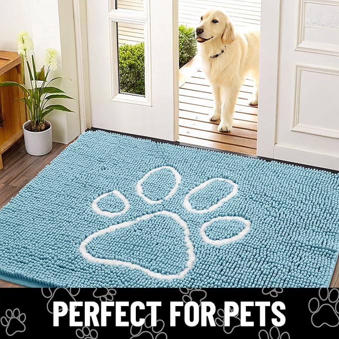Smiry Dog Door Mat for Muddy Paws, Absorbent Dirt Trapper Non Slip Quick Dry Washable Chenille Mat for Mud Dogs, Entry Rug for Indoor and Outdoor (59x35 Inches, Sky Blue and White)