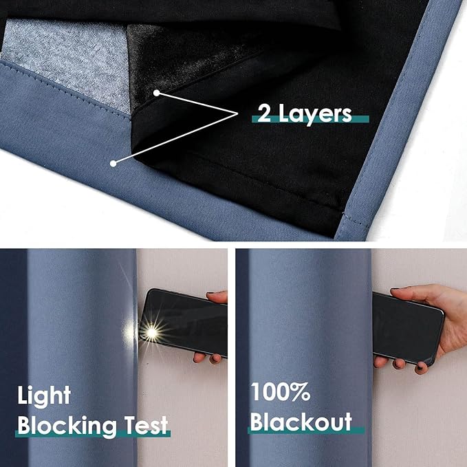 ChrisDowa 100% Blackout Curtains for Bedroom with Black Liner, 2 Thick Layers Total Blackout Thermal Insulated Grommet Long Window Curtains 2 Panels Set (Stone Blue, 52 x 95 Inch)