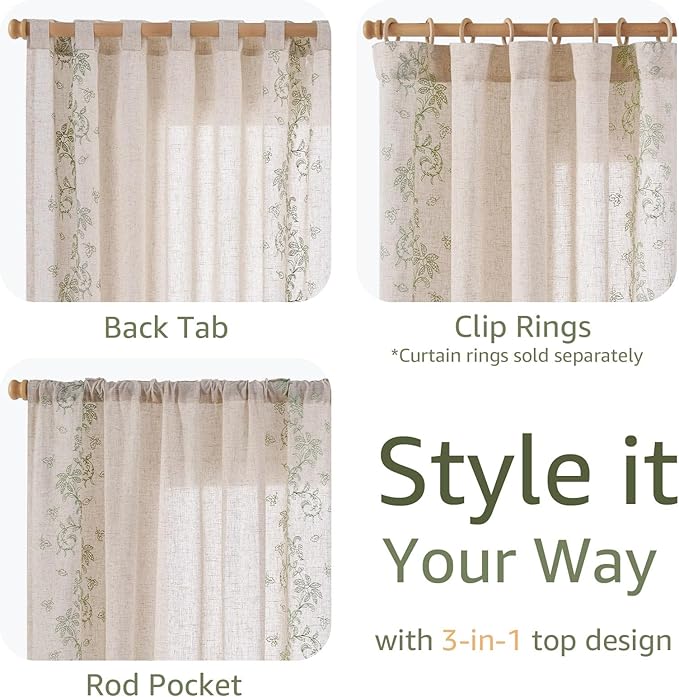 jinchan Evelyn Embroidered Linen Curtains for Living Room Elegant Farmhouse Semi Sheer Light Filtering Curtains 84 inches Long Cottage Sage Green Floral Window Drapes Rod Pocket Back Tab 2 Panels