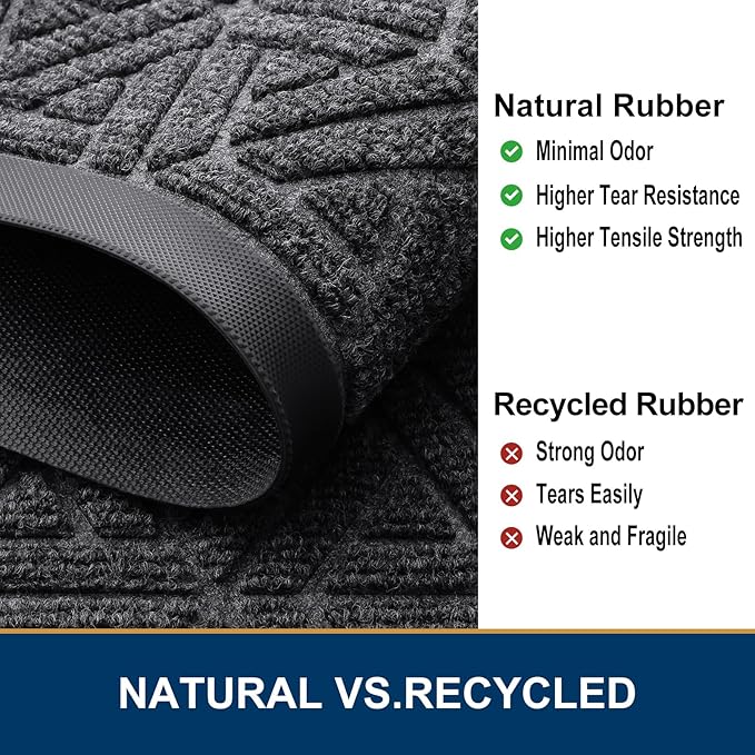 Smiry Front Door Mat Outside Entrance, Heavy Duty Sturdy Natural Rubber Doormat, Trap Dirt and Moisture, Easy Clean Low Profile Mats for Indoor Outdoor Entry, Grid Geometric (59x23, Grey)