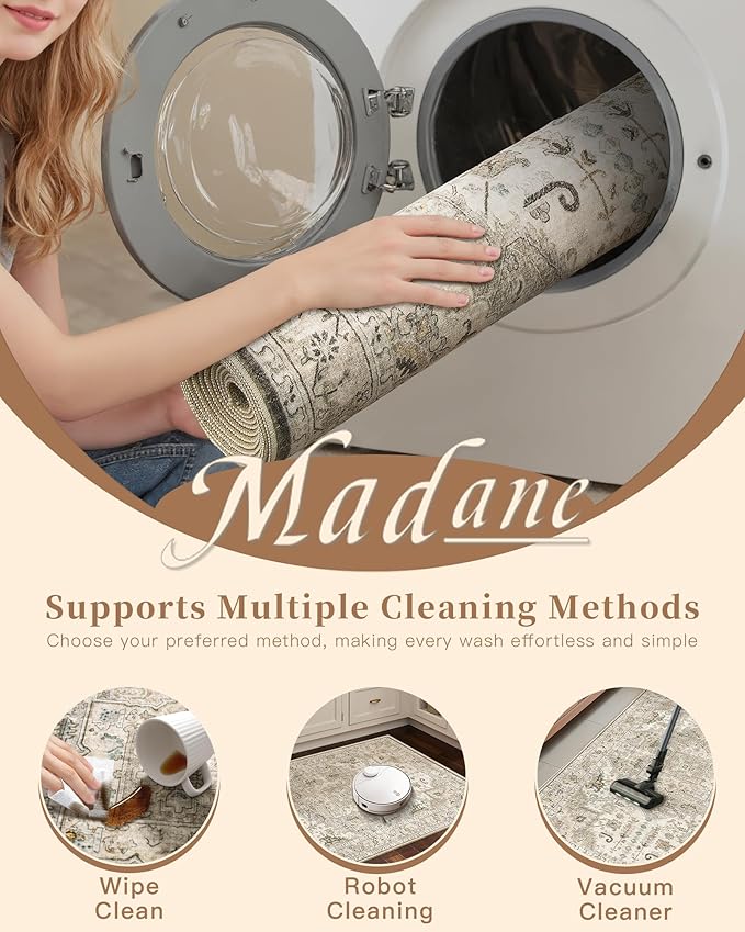 Madane Washable Runner Rug - 2x8 Runners for Hallways Kitchen Non-Slip Runner Rugs Ultra-Thin Laundry Room Rug Throw Carpet Runner for Entrance Living Dinning Room Foyer (Ivory/Brown, 2 x 8)
