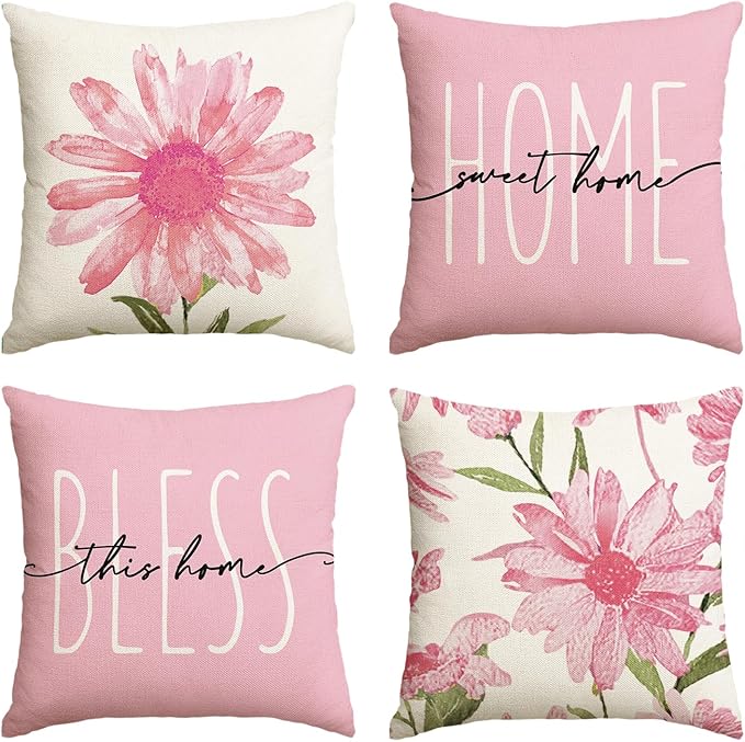 AVOIN colorlife Home Sweet Home Spring Summer Flowers Pink Throw Pillow Covers, 18 x 18 Inch Cushion Case for Sofa Couch Set of 4
