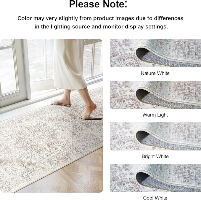 Hallway 3x10 Runner Rug - Vintage Non-Slip Long Rug for Entryway Low-Pile Washable Medallion Runner Rugs for Hallway Waterproof Traditional Runner Rug Indoor Thin Rug for Kitchen (Ivory/Beige)