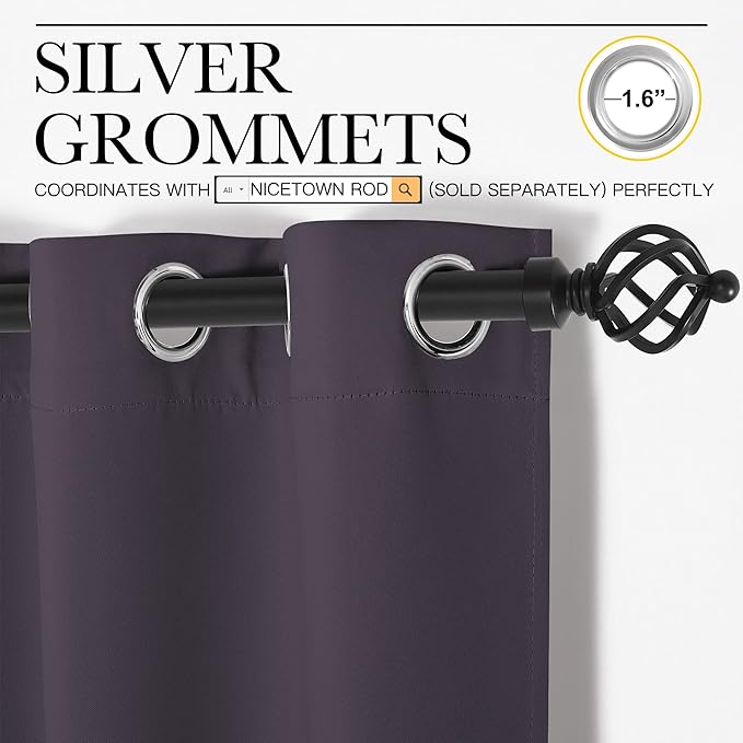 NICETOWN Blackout Window Curtains 80 inch Long, 2 Panels, 34 inch, Greyish Purple, Grommet Top Room Darkening Thermal Insulated Solid Vertical Drapes for Bedroom/Kid Room