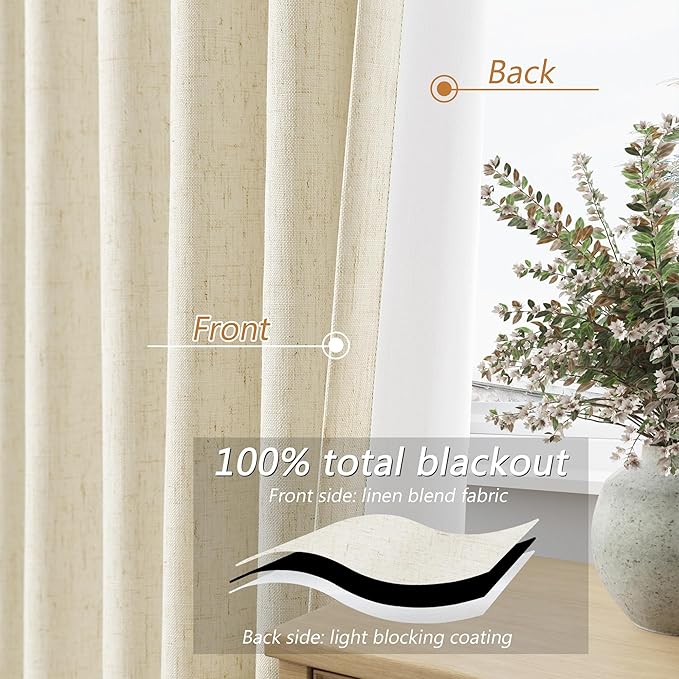 Warm Beige 100% Blackout Linen Curtains 84 Inch Length 2 Panels Set for Living Room Bedroom Back Tab Thermal Insulated Black Out Drapes Room Darkening Farmhouse Style for Bedroom Window Curtains