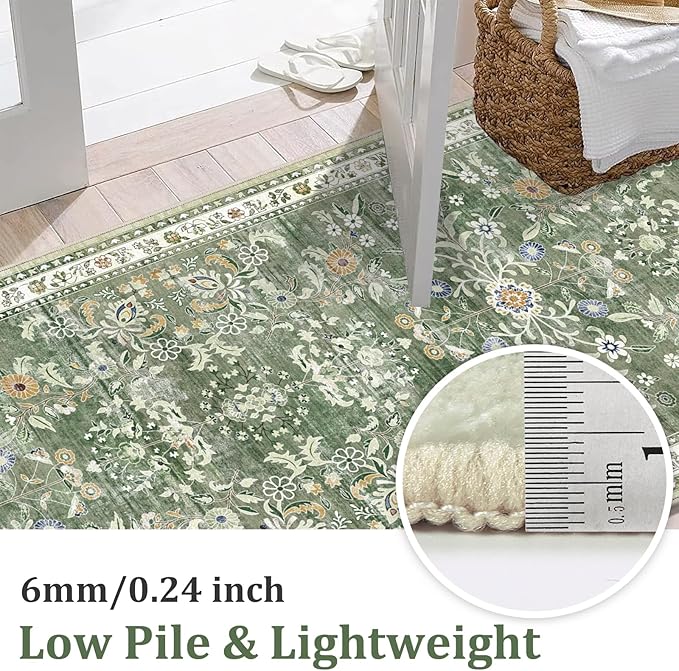 Yamaziot Washable Area Rug 4x6, Non-Slip Boho Floral Living Room Rug with Rubber Backing, Low Pile Distressed Carpet for Bedroom, Living Room, Dining Room, Green