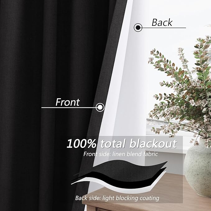 Guken Black 100% Blackout Linen Curtains 102 Inch Length 2 Panels Set for Living Room Bedroom Back Tab Thermal Insulated Black Out Drapes Room Darkening Window Curtains,52x108