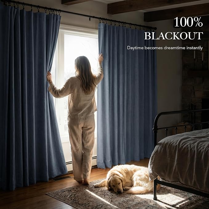 RYB HOME Smoky Blue 100% Blackout Curtains for Bedroom 102 inch Long 52 inch Wide, Linen Blackout Curtains Privacy Protection& Thermal Insulated for Sliding Door/Living Room, 2 Panels
