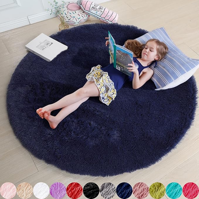 Dark Navy Round Rug 6Ft for Living Room Boys Bedroom, Fluffy Furry Fuzzy Plush Circle Area Rugs for Kids Room Decor Aesthetic, Indigo Shag Cool Dark Blue Carpet for Classroom Teen Dorm Baby Nursery