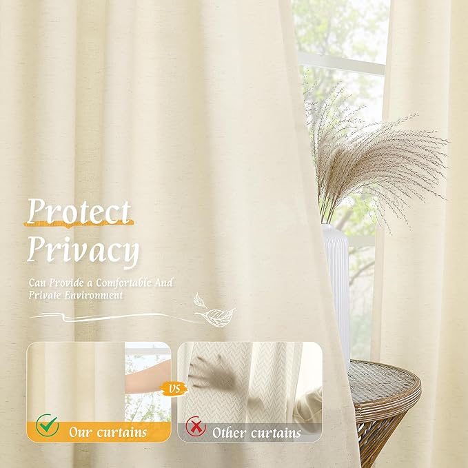 LAMIT 54 Inch Short Window Linen Curtains, Light Beige Soft Thick Light Filtering Panels Rod Pocket Neutral Privacy Faux Linen Drapes for Bedroom/Bathroom/Loft Room, 2 Panels, 42 x 54 Inch