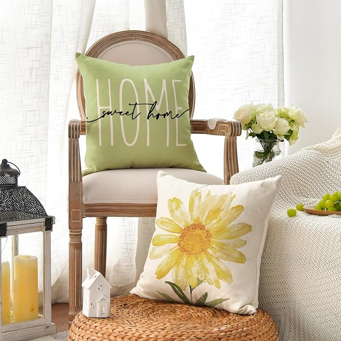 AVOIN colorlife Home Sweet Home Spring Summer Flowers Green Throw Pillow Covers, 16 x 16 Inch Cushion Case for Sofa Couch Set of 4