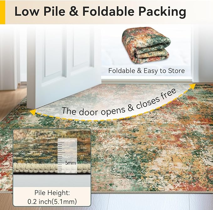 Washable Area Rugs 4'x6' Non-Slip Modern Abstract Soft for Living Room Entryway Bedroom Nursery, Print Pattern, Green Orange Rust Red Cream Colorful