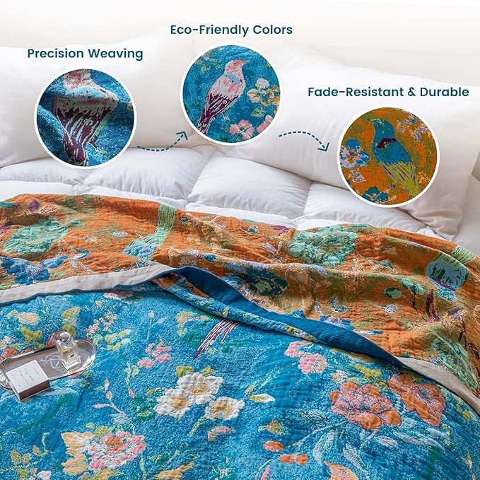 MSGKV Boho Throw Blanket for Bed 60"x80" Cotton Couch Blanket with Floral and Bird Spring Breathable Lightweight Farmhouse Twin Size Decorative Blankets for Sofa Muslin All Seasons