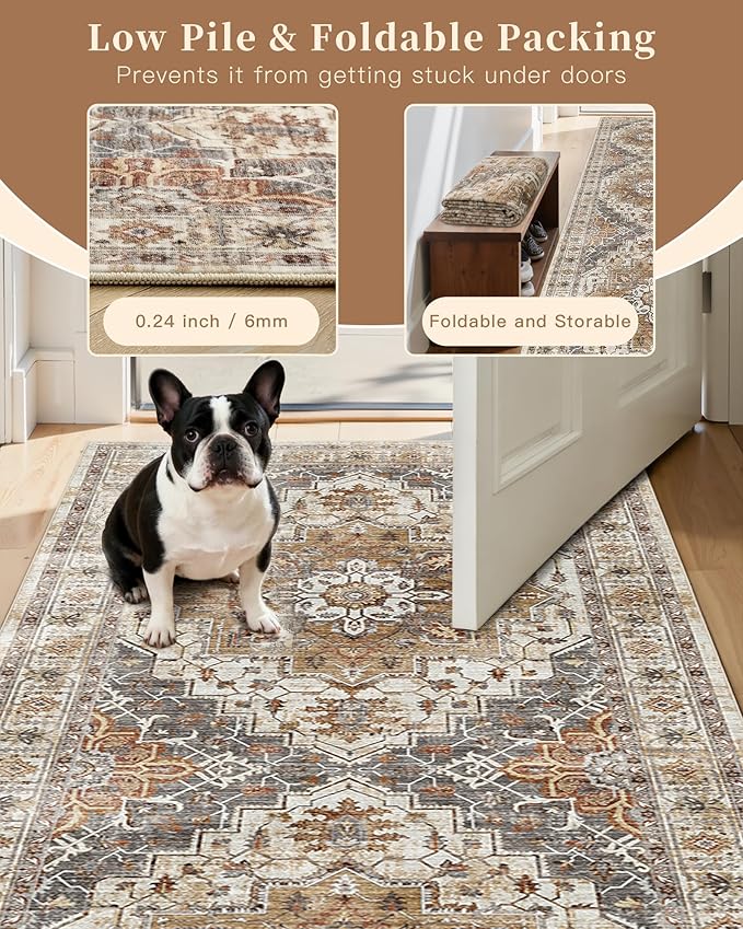 Madane Hallway Rug 3x10, Kitchen Rugs Washable Entryway Rug Vintage Kitchen Runners Non Slip Indoor Area Rug Farmhouse Carpet Runner for Bathroom Living Room Bedroom, Turmeric/Grey
