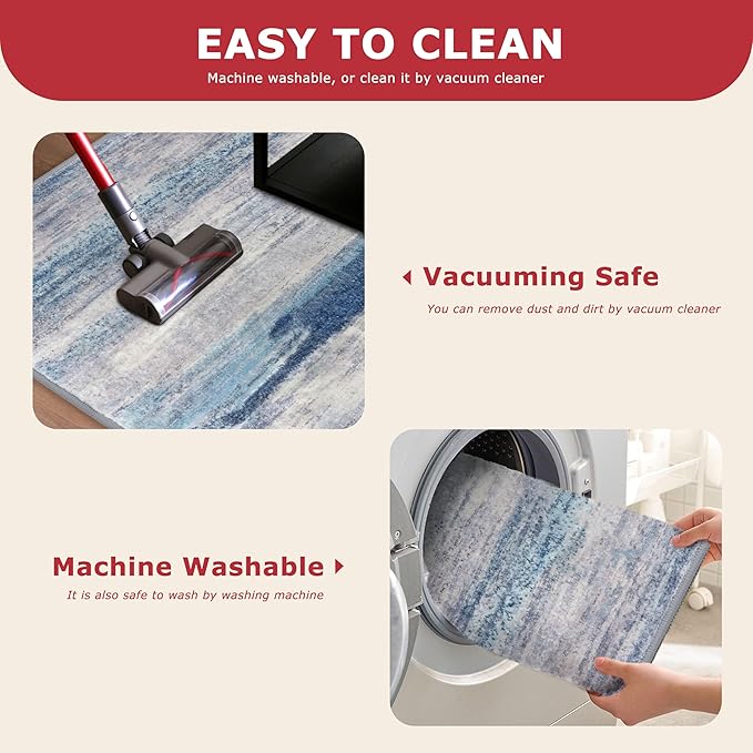 KOZYFLY Modern Abstract Washable Rug Runner 2x5 Hallway Rug Runner Non-Slip Soft Kitchen Runner Rugs, Blue/Grey/Beige Striped Carpet for Entryway Bathroom Laundry Room Foyer