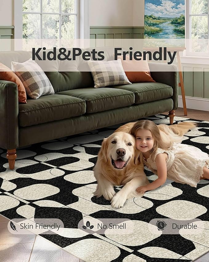 Latte&Fog 3x5 Entryway Rug, Vintage Washable Area Rug, Boho Non Slip Low Pile Throw Carpet for Indoor Bedroom Bedside, Kitchen, Entry and Living Room - Black Beige