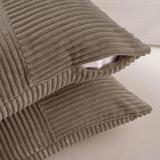 Fancy Homi Set of 2, Light Brown Patchwork Corduroy Decorative Soft Striped Modern Accent Cushion Case Farmhouse Boho Neutral Throw Pillow Covers for Chair Couch Bed Sofa Living Room 26x26 Inch