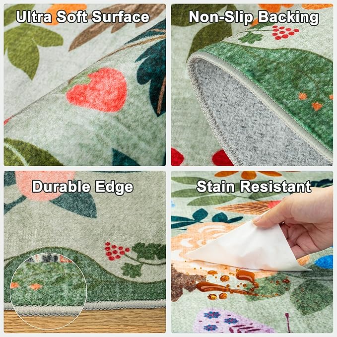 Runner Rug for Entryway: 2x6 Kitchen Rugs Non Slip Washable Ultra-Thin Soft Floral Carpet Indoor Floor Stain Resistant Carpets for Hallway Bedroom Kitchen Laundry Bathroom Dorm Green