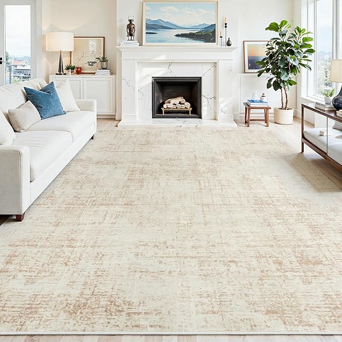 9x12 Area Rugs for Living Room Washable Rug: Anti-Skid Abstract Modern Living Room Rug Soft Thin Carpets Indoor Floor Non-Shedding Carpet for Bedroom Dining Farmhouse Nursery Home Office Beige White