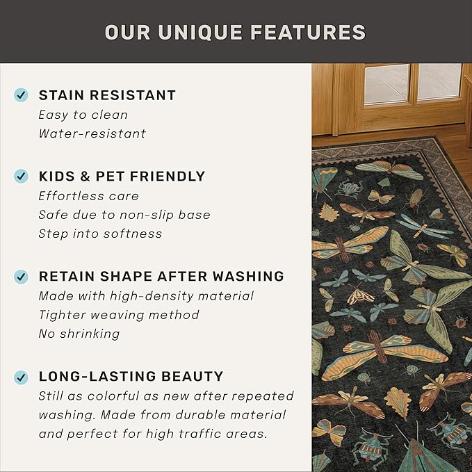 Black Insect 2'6"x12' Washable Extra Long Runner Rugs for Hallways, Non Skid Stain Resistant Wide Rug Runners for Kitchen, Entryway, Mudroom, Dark Cottagecore Boho Butterfly Pattern Indoor Décor