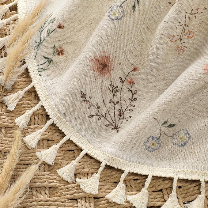 Boho Floral Spring Semi Sheer Curtains 84 Inch Length 2 Panels Set, Linen Texture Farmhouse Light Filtering Curtains Beige Tassel for Bedroom Living Room Vintage Rustic Patterned Printed Rod Pocket