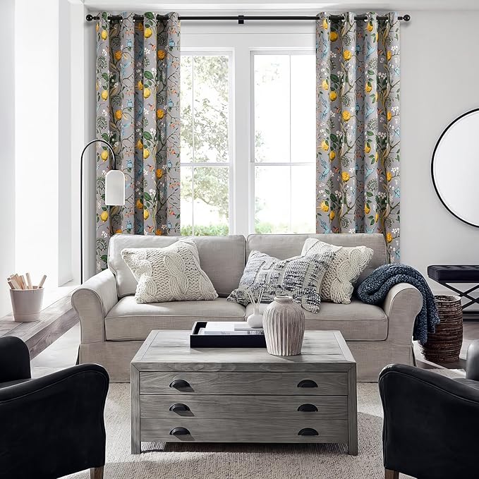 Topfinel 90 Inches Long Curtains, Gray and Yellow Moody Country Anthropologie Cabin Blackout Sun Block Floral Hummingbird Plant Lemon Patterned Grommet Damask Drapes Two Pages for Living Room Office