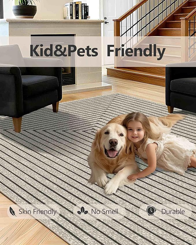 Latte&Fog 8x10 Area Rugs for Living Room, Large Beige Modern Abstract Washable Rug, Boho Non Slip Low Pile Carpet for Indoor Bedroom Dining Room, Office, Dorm, Classroom, Farmhouse and Kids Room