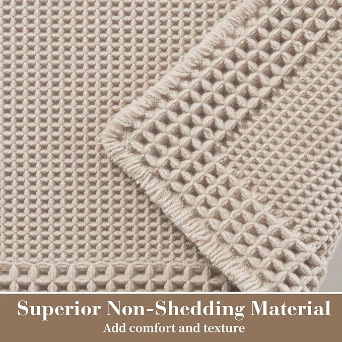 RESARE Waffle Bathroom Runner Rugs, Super Absorbent Bath Mat Non Slip Washable Quick Dry, Upgraded Ultra Soft Boho Bath Rugs with Tassels for Hallway Bedroom Laundry Room, 2'x4'(24"x48"), Pale Beige