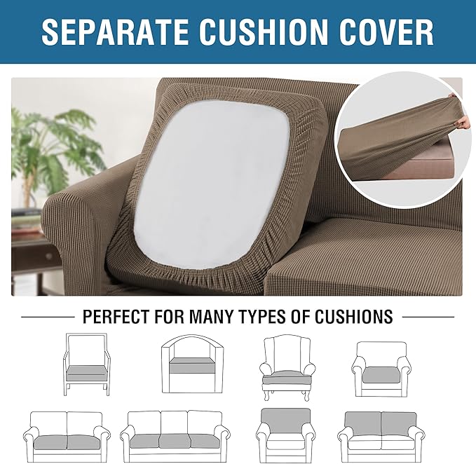 H.VERSAILTEX 4 Piece Stretch Sofa Covers for 3 Cushion Couch Covers for Living Room Furniture Slipcovers (Base Cover Plus 3 Seat Cushion Covers) Thicker Jacquard Fabric (Large Sofa, Macchiato)